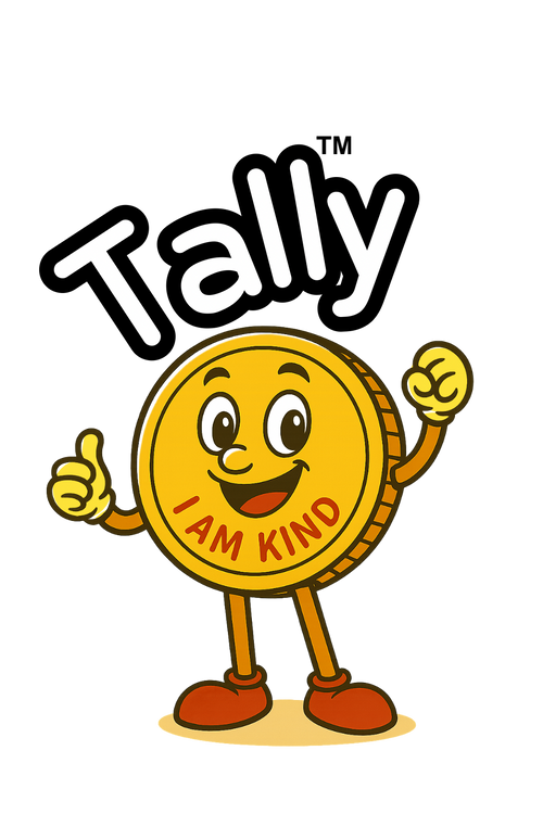 Cartoon character with a yellow coin, 'I AM KIND' text, and 'Tally' branding on a white background.
