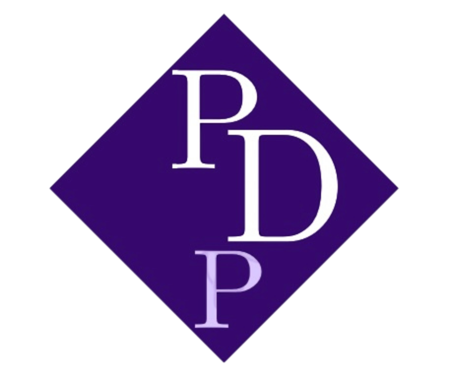 Logo with 'PDP' on a purple diamond-shaped background