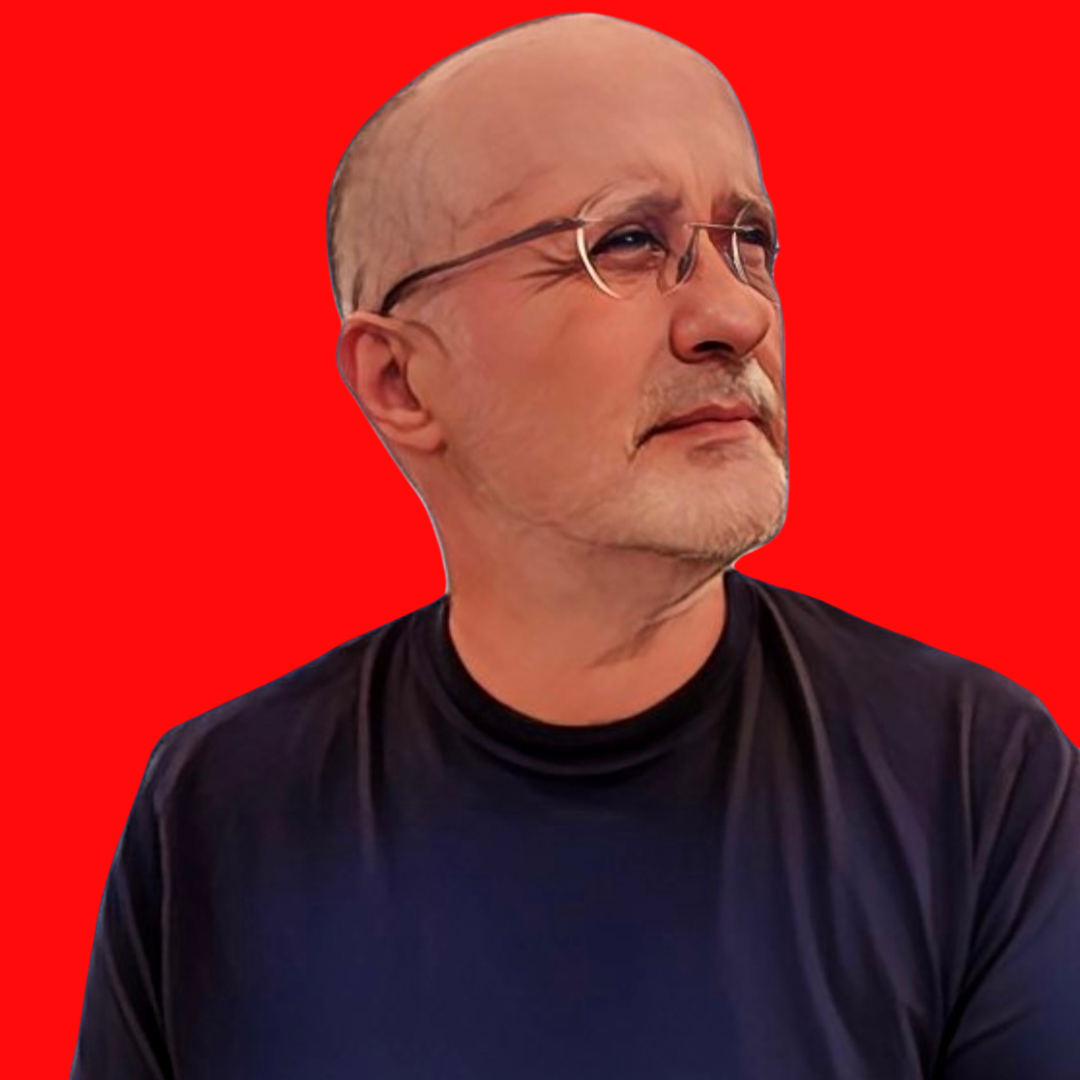 Man wearing glasses and a dark shirt against a red background