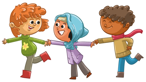 Three cartoon children holding hands on a white background